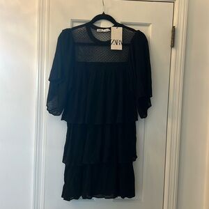 Black knit ruffle tiered tunic with lace